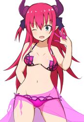  ;d absurdres ass_visible_through_thighs bare_arms bare_shoulders bikini blue_eyes blush breasts collarbone commentary cosplay curled_horns dragon_horns elizabeth_bathory_(fate) elizabeth_bathory_(fate/extra_ccc) fate/extra fate/extra_ccc fate/grand_order fate_(series) female hair_between_eyes hair_ribbon hand_up highres horns long_hair looking_at_viewer medium_breasts mitchi navel oerba_yun_fang one_eye_closed open_mouth pink_hair purple_bikini purple_ribbon purple_sarong ribbon sarong scathach_(fate) scathach_(swimsuit_assassin)_(fate) scathach_(swimsuit_assassin)_(fate)_(cosplay) see-through simple_background smile solo swimsuit two_side_up very_long_hair w white_background 