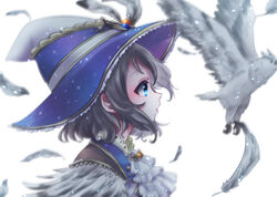  animal ascot bad_id bad_pixiv_id bird blue_eyes blue_hat feathers female from_side grey_hair hat hat_feather love_live! love_live!_school_idol_festival love_live!_sunshine!! owl profile short_hair solo upper_body watanabe_you white_ascot white_background white_feathers witch_hat wosusi 