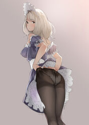  ass bare_shoulders black_pantyhose blonde_hair commentary_request crotch_seam female highres looking_at_viewer maid maid_headdress original panties panties_under_pantyhose pantyhose pantyhose_tug petticoat short_hair solo thighband_pantyhose tsukino_wagamo underwear white_panties 