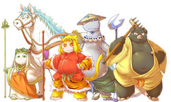  anthro chiro_(artist) clothed clothing domestic_pig dragon equid equine group haplorhine hi_res horse journey_to_the_west male mammal monk monkey mythological_creature mythological_scalie mythology overweight overweight_male primate scalie sha_wujing simple_background slightly_chubby smile smirk staff suid suina sun_wukong sus_(pig) tail tang_sanzang weapon white_background yulong_(journey_to_the_west) zhu_bajie 