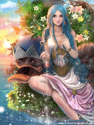  bird blue_hair breasts carue cleavage flower highres looking_at_viewer medium_breasts nefertari_vivi one_piece rikamello sun sunset water 