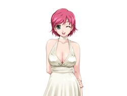  bare_shoulders breasts cleavage dress female game_cg green_eyes happoubi_jin iihara_nao large_breasts legs looking_at_viewer open_mouth pink_hair resort_boin short_hair simple_background smile solo standing thighs white_background wink 