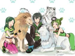  1boy 2girls animal arm_support belt blush capri_pants color_connection commentary_request cone_hair_bun crop_top double_bun fingerless_gloves gloves hair_bun hairband hood hoodie jacket king_of_prism king_of_prism_by_prettyrhythm kougami_taiga leaning lion morizono_wakana multiple_girls navel oerba_yun_fang open_clothes open_jacket pants patterned_background paw_print pretty_rhythm pretty_rhythm_dear_my_future pretty_rhythm_rainbow_live pretty_series sakuragi_mochi shi_yoon shoes sitting sneakers tiger white_tiger 