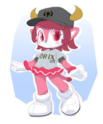  2015 anthro blue_nose blush bovid bovine buffalo_bell cattle clothed clothing female hair hat headgear headwear horn looking_at_viewer mammal mascot nippon_professional_baseball open_mouth orix_buffaloes pink_eyes pink_hair red_eyes red_hair shirt solo text text_on_clothing text_on_shirt text_on_topwear topwear woory 