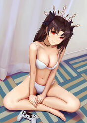  barefoot black_hair black_ribbon bra breasts cleavage closed_mouth commentary crossed_legs curtains earrings fate/grand_order fate_(series) female hair_ribbon highres hoop_earrings indian_style indoors ishtar_(fate) jewelry long_hair long_legs looking_at_viewer medium_breasts navel necklace ocarino on_floor panties parted_bangs playstation_controller red_eyes ribbon sitting smile solo stomach tiara two_side_up underwear underwear_only white_bra white_panties 