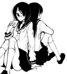  2girls back-to-back commentary_request fujiyoshi_harumi glasses greyscale kitsu_chiri long_hair manga_(object) monochrome multiple_girls sayonara_zetsubou_sensei school_uniform short_hair sitting skirt socks tadano_kagekichi 