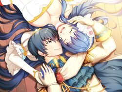  1boy bare_shoulders blue_eyes blue_hair blush boots bouquet breasts bridal_veil bride caeda_(bridal)_(fire_emblem) caeda_(fire_emblem) choker cleavage closed_eyes commentary_request couple dress elbow_gloves female fire_emblem fire_emblem:_mystery_of_the_emblem fire_emblem:_new_mystery_of_the_emblem fire_emblem:_shadow_dragon fire_emblem:_shadow_dragon_and_the_blade_of_light fire_emblem_heroes flower formal gloves groom hair_flower hair_ornament hairband jewelry lace lace_choker large_breasts long_hair lying marth_(fire_emblem) marth_(groom)_(fire_emblem) necklace on_back one_eye_closed open_mouth pegasus_knight_uniform_(fire_emblem) short_hair sidelocks smile straight streyah suit unfinished veil wedding wedding_dress white_dress white_gloves white_suit 