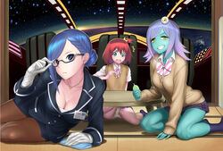  3girls adjusting_eyewear black_panties blue_hair breasts brown_hair cleavage colored_skin commentary_request formal glasses green_skin gyaru hair_bun hair_ornament kogal kyodairobo luluco medium_breasts midori_(uchuu_patrol_luluco) multiple_girls one_side_up panties pantyhose pantyshot pencil_skirt school_uniform secretary_(uchuu_patrol_luluco) semi-rimless_eyewear sharp_teeth short_hair single_hair_bun sitting skirt skirt_suit star_(symbol) star_hair_ornament suit table teeth uchuu_patrol_luluco under-rim_eyewear underwear yellow_eyes yellow_panties 