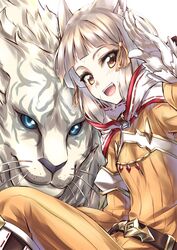  animal animal_ears blunt_bangs blush bodysuit cat_ears commentary_request dromarch_(xenoblade) female gloves gold_trim grey_hair highres kurokawa_(silve) looking_at_viewer nia_(xenoblade) short_hair smile tiger white_gloves xenoblade_chronicles_(series) xenoblade_chronicles_2 yellow_eyes 