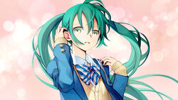  aqua_hair bow bowtie commentary_request female fingernails green_eyes hatsune_miku kari_kenji long_hair long_sleeves looking_at_viewer parted_lips photoshop_(medium) school_uniform solo sweater_vest twintails very_long_hair vocaloid 