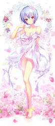  ahoge ayanami_rei bad_id bad_pixiv_id bare_shoulders blue_hair blush breasts bug butterfly female floral_background flower full_body hair_flower hair_ornament highres looking_at_viewer medium_breasts neon_genesis_evangelion panties pecorin petals photoshop_(medium) purple_butterfly red_eyes rose rose_petals short_hair signature solo underwear 