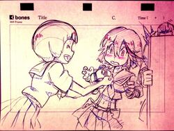  1boy 2girls animation_paper bad_link candy chocolate color_trace food gamagoori_ira graphite_(medium) heart heart-shaped_chocolate kill_la_kill mankanshoku_mako matoi_ryuuko multiple_girls official_art ribbon school_uniform senketsu short_hair storyboard traditional_media trim_marks valentine 