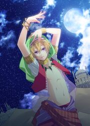  1boy arabian_clothes blonde_hair bracelet commentary_request dancer free! hazuki_nagisa jewelry male_focus md5_mismatch moon navel necklace open_mouth red_eyes sand shinga smile solo splash_free 