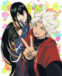  2boys amakusa_shirou_(fate) black_hair chest_tattoo commentary_request dark-skinned_male dark_skin earrings fate/apocrypha fate/grand_order fate_(series) jewelry long_hair male_focus multiple_boys nagatekkou one_eye_closed photoshop_(medium) ponytail priest tattoo tongue tongue_out v white_hair yan_qing_(fate) yellow_eyes yoi_(207342) 