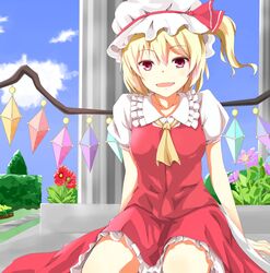  :d ascot blonde_hair bluekalmia blush breasts commentary_request crystal day female flandre_scarlet flower frilled_shirt_collar frilled_skirt frills hair_between_eyes hat hat_ribbon looking_at_viewer mob_cap open_mouth outdoors puffy_short_sleeves puffy_sleeves red_eyes red_ribbon red_skirt red_vest ribbon shirt short_sleeves side_ponytail sitting skirt skirt_set small_breasts smile solo touhou vest white_shirt wings 