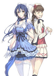  2girls ;d bare_shoulders blue_dress blue_hair blue_ribbon blunt_bangs blush bow brown_eyes brown_hair chilhoo88 choker collar collarbone commentary_request dress earrings flower frilled_dress frilled_legwear frilled_shirt_collar frills gloves grin hair_between_eyes hairbow hat highres idol jewelry kira-kira_sensation! layered_dress layered_skirt long_hair long_sleeves love_live! love_live!_school_idol_project mimori_suzuko multiple_girls one_eye_closed open_mouth pleated_skirt real_life ribbon simple_background skirt smile sonoda_umi sore_wa_bokutachi_no_kiseki standing striped striped_bow thighhighs voice_actor voice_actor_connection w white_background white_bow white_gloves white_legwear zettai_ryouiki 