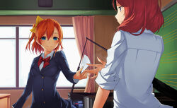  2girls bad_id bad_pixiv_id blazer blue_eyes blue_skirt blush bow bowtie buttons chalkboard classroom collared_shirt commentary_request curtains grand_piano hair_between_eyes hairbow highres holding holding_paper indoors instrument jacket kosaka_honoka long_sleeves love_live! love_live!_school_idol_project multiple_girls neko7 nishikino_maki one_side_up orange_hair otonokizaka_school_uniform outstretched_hand paper photoshop_(medium) piano plaid plaid_skirt purple_eyes red_bow red_bowtie red_hair school_uniform shirt short_hair skirt sleeves_rolled_up smile striped_bow striped_bowtie striped_clothes white_shirt window winter_uniform yellow_bow 