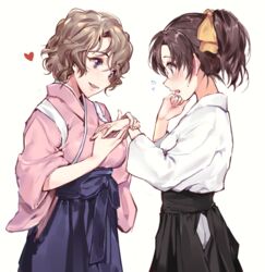  2girls bad_id bad_pixiv_id blue_eyes blush brown_eyes brown_hair cowboy_shot eye_contact flying_sweatdrops hakama hakama_skirt heart holding_hands japanese_clothes joypyonn looking_at_another meitantei_conan multiple_girls oooka_momiji open_mouth profile short_hair skirt standing tasuki tooyama_kazuha yuri 