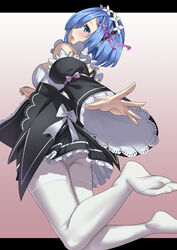  blue_eyes blue_hair breasts commentary_request detached_sleeves feet female from_side hair_ornament hair_ribbon highres large_breasts letterboxed maid no_shoes pantyhose pink_ribbon re:zero_kara_hajimeru_isekai_seikatsu rem_(re:zero) ribbon roswaal_mansion_maid_uniform short_hair solo white_pantyhose wide_sleeves x_hair_ornament yonoki 