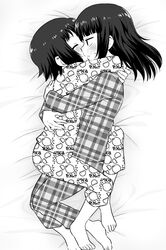  2girls barefoot bernard-jou_iwaku. blush chick_print closed_eyes commentary_request couple from_side greyscale hug kanbayashi_shiori long_hair machida_sawako meis_(terameisu) monochrome multiple_girls mutual_hug pajamas plaid_pajamas print_pajamas profile short_hair unmoving_pattern yuri 