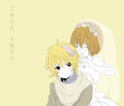  1boy bad_id bad_pixiv_id blonde_hair bridal_veil brown_hair dress elbow_gloves female flower gloves hair_flower hair_ornament hatoful_kareshi namikino nanaki_kazuaki open_mouth personification simple_background smile tousaka_hiyoko translation_request veil wedding_dress yellow_background yellow_eyes 