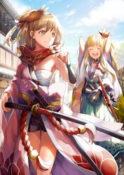  2girls :d ^_^ architecture arms_up bad_id bad_pixiv_id blonde_hair blush breasts brown_eyes closed_eyes commentary dango day djeeta_(granblue_fantasy) east_asian_architecture eating flower food granblue_fantasy green_skirt hadanugi_dousa hair_between_eyes hair_flower hair_ornament hakama hakama_short_skirt hakama_skirt japanese_clothes katana kengo_(granblue_fantasy) kimono long_hair mirin_(granblue_fantasy) multiple_girls open_clothes open_kimono open_mouth pleated_skirt ribbon_trim sarashi scarf sheath sheathed short_hair shorts skirt sky smile sword teeth upper_teeth_only wagashi weapon wide_sleeves wrist_guards yumekui 