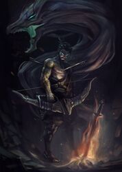  1boy andrew_tran armor armored_boots arrow_(projectile) arrow_in_body asymmetrical_clothes bad_deviantart_id bad_id baggy_pants bandolier bare_shoulders beard black_hair bonfire_(dark_souls) boots bow_(weapon) collarbone commentary dark_souls_(series) dark_souls_i dragon dragon_tattoo eastern_dragon empty_eyes english_commentary facial_hair fire full_body glowing glowing_eyes hadanugi_dousa hanzo_(overwatch) highres japanese_clothes kimono knee_boots male_focus open_clothes open_kimono overwatch overwatch_1 pants planted planted_sword ponytail solo standing sword tattoo weapon 