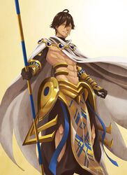  1boy ahoge armor brown_hair cape commentary_request dark-skinned_male dark_skin earrings fate/grand_order fate/prototype fate/prototype:_fragments_of_blue_and_silver fate_(series) jewelry male_focus ozymandias_(fate) photoshop_(medium) solo staff topless_male yellow_eyes yoi_(207342) 