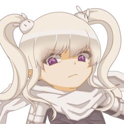  angry closed_mouth commentary_request female hair_ornament hidemushi looking_at_viewer maplestory mole mole_under_eye orca_(inazuma_eleven) purple_eyes rabbit_hair_ornament scarf silver_hair simple_background solo twintails white_background 