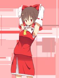  absurdres akabeco arms_behind_head arms_up blush bow brown_hair closed_mouth commentary_request cookie_(touhou) detached_sleeves female hair_tubes hairbow hakurei_reimu highres looking_at_viewer red_bow red_eyes reu_(cookie) short_hair smile solo touhou 