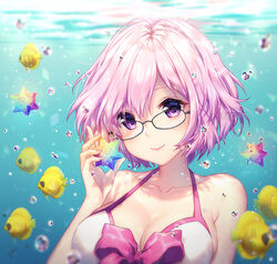  air_bubble bangs bare_shoulders black-framed_eyewear blush bubble butterflyfish closed_mouth collarbone commentary day eyebrows_visible_through_hair fate/grand_order fate_(series) fish glasses halter_top halterneck holding looking_at_viewer mash_kyrielight pink_hair purple_eyes rosuuri saint_quartz short_hair smile solo submerged swimsuit swimsuit_of_perpetual_summer underwater white_swimsuit 