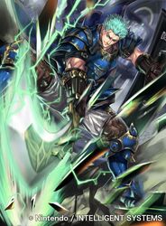  1boy armor armored_boots boots commentary_request company_name copyright_name dieck_(fire_emblem) electricity fire_emblem fire_emblem:_the_binding_blade fire_emblem_cipher gloves green_eyes green_hair kuroba.k male_focus official_art rock scar shield solo sword weapon 