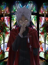  1boy amakusa_shirou_(fate) cassock commentary_request cross cross_necklace dark-skinned_male dark_skin fate/apocrypha fate_(series) holding holding_cross jewelry male_focus necklace photoshop_(medium) priest solo stained_glass white_hair yellow_eyes yoi_(207342) 