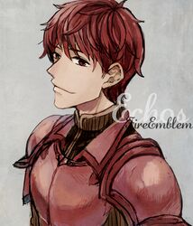  1boy armor commentary_request copyright_name fire_emblem fire_emblem_echoes:_shadows_of_valentia grey_background light_smile looking_at_viewer lukas_(fire_emblem) male_focus recton red_armor red_eyes red_hair solo upper_body 