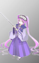  absurdly_long_hair chatora0423 commentary_request cosplay fate/grand_order fate/stay_night fate_(series) female full_body gradient_background grey_background hairband highres holding holding_sword holding_weapon japanese_clothes katana lolita_hairband long_hair looking_at_viewer monohoshizao protected_link purple_hair sandals sasaki_kojirou_(fate) sasaki_kojirou_(fate)_(cosplay) smile solo stheno_(fate) sword twintails very_long_hair weapon white_legwear wide_sleeves 