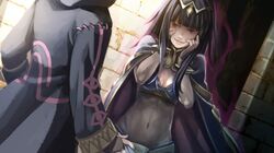  00s arms_up back bangle bikini_top black_eyes black_hair black_leotard bodysuit bracelets breasts bridal_gauntlets cape coat covered_navel dutch_angle female female fire_emblem fire_emblem:_kakusei hands_on_face head_out_of_frame headpiece indoors leotard long_hair looking_at_another magic matching_hair/eyes medium_breasts my_unit_(fire_emblem:_kakusei) nintendo official_art pale_skin see-through skirt smile solo_focus standing tharja wall wrap_skirt yandere yandere_trance 