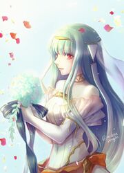  bare_shoulders blue_hair blush breasts bridal_veil bride commentary_request dress elbow_gloves female fire_emblem fire_emblem:_the_blazing_blade fire_emblem_heroes gloves highres large_breasts long_hair mintes ninian_(bridal)_(fire_emblem) ninian_(fire_emblem) smile veil wedding wedding_dress 