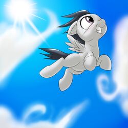  1:1 2015 behind-space equid equine feathered_wings feathers feral flying friendship_is_magic grey_body grey_feathers hasbro male mammal my_little_pony mythological_creature mythological_equine mythology nude pegasus rumble_(mlp) solo sun wings 