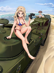  2girls absurdres alisa_(girls_und_panzer) alternate_costume american_flag american_flag_bikini american_flag_print arm_support bad_id bad_pixiv_id barefoot beach bikini binoculars blonde_hair blush brown_hair cloud collarbone day emblem feet flag_print girls_und_panzer grey_eyes grin hatch highres horizon kay_(girls_und_panzer) long_hair looking_at_viewer m4_sherman military military_vehicle motor_vehicle multiple_girls navel ocean on_vehicle outdoors print_bikini sand saunders_(emblem) sherman_firefly short_hair short_twintails side-tie_bikini_bottom sitting sky smile stomach swimsuit tank twintails variant_set water yewang19 