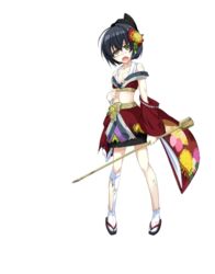  black_hair broken broken_weapon d: female full_body hair_ornament hammer hat holding holding_weapon kanzaki_karuna midriff miki_(oshiro_project) navel official_art open_mouth oshiro_project:re short_hair solo thighhighs torn_clothes transparent_background weapon yellow_eyes 