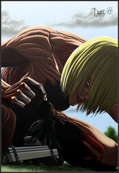  1boy armin_arlert blonde_hair blue_eyes female female_titan shingeki_no_kyojin smile 