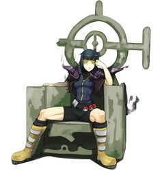  akira_(manga) bad_id bad_pixiv_id belt_buckle bike_shorts black_hair blunt_bangs boots borrowed_character buckle female glaring glowing glowing_eyes green_eyes highres jacket jacket_on_shoulders knee_boots original parody poke_ball pokemon polyle short_hair sitting solo spread_legs throne zipper 