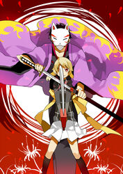  1boy black_legwear blonde_hair chainsaw clash commentary_request female fox_mask gameplay_mechanics getiao height_difference japanese_clothes katana kimono mask red_eyes short_hair skirt sword urotsuki weapon yukata_(yume_2kki) yume_2kki 