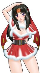  black_hair breasts christmas cleavage delica dress female fur_trim highres panties purple_eyes queen&#039;s_blade red_dress solo tomoe underwear white_panties 