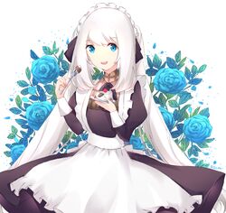  :d alternate_costume apron black_dress blue_eyes blue_flower blue_rose cake cake_slice commentary dress enmaided fate/grand_order fate_(series) female flower food frilled_apron frills holding holding_food holding_plate juliet_sleeves long_hair long_sleeves maid marie_antoinette_(animejapan_2016)_(fate) marie_antoinette_(fate) official_alternate_costume open_mouth plate puffy_sleeves rocm_(nkkf3785) rose sidelocks smile solo teeth twintails upper_teeth_only very_long_hair white_apron white_background white_hair 