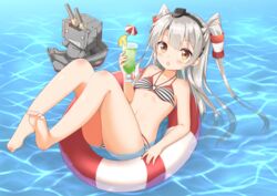  :o afloat alternate_costume amatsukaze_(kancolle) bare_shoulders barefoot bikini blush brown_hair cocktail cocktail_umbrella commentary_request cup drinking_glass female food fruit grey_hair hair_tubes hairband hat holding holding_cup hurricane_glass kantai_collection layered_bikini layered_clothes legs_up lifebuoy long_hair looking_at_viewer navel o-ring o-ring_bikini o-ring_top open_mouth pineapple pineapple_slice reclining red_bikini rensouhou-kun soles solo striped_bikini striped_clothes swim_ring swimsuit two_side_up water yoshikita_popuri 