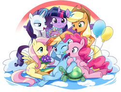  2018 alicorn applejack_(mlp) balloon birthday blonde_hair blue_eyes blue_eyeshadow bouquet clothing cowboy_hat crown cutie_mark digital_media_(artwork) domestic_pet earth_pony english_text equid equine eyebrows eyelashes eyeshadow feathered_wings feathers female feral flower fluttershy_(mlp) freckles friendship_is_magic green_eyes group hair hasbro hat headgear headwear hi_res holding_balloon holding_object hooves horn horse inflatable levitation looking_at_viewer magic makeup male mammal mane_six_(mlp) mascara multicolored_hair my_little_pony mythological_creature mythological_equine mythology nude one_eye_closed open_mouth open_smile pegasus pink_hair pinkie_pie_(mlp) plant pony purple_body purple_eyes purple_feathers purple_hair rainbow_dash_(mlp) rainbow_hair rarity_(mlp) reptile ryuu_chan scalie simple_background sitting smile tank_(mlp) teal_eyes text tiara tongue tortoise turtle twilight_sparkle_(mlp) unicorn white_background wings wink yellow_body yellow_feathers 