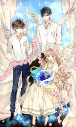  2boys angel_wings barefoot black_hair blonde_hair blue_eyes brown_eyes commentary_request earth_(planet) female flower hachini highres holding long_hair monou_fuma monou_kotori multiple_boys photoshop_(medium) planet shirou_kamui short_hair smile wavy_hair wings x_(manga) 