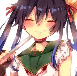  bad_id bad_pixiv_id black_hair closed_eyes ebisuzawa_kurumi female fingerless_gloves gakkou_gurashi! gloves long_hair megurigaoka_high_school_uniform naoton school_uniform shovel smile solo twintails 