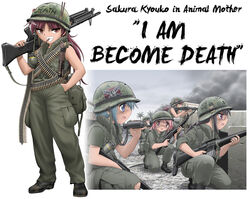  6+girls akemi_homura ammunition ammunition_belt assault_rifle binoculars boots braid brown_eyes combat_helmet commentary_request confederate_flag english_text engrish_text explosive food full_body full_metal_jacket glasses grenade grin gun hand_in_pocket helmet james_t_davis kaname_junko kaname_madoka knife long_hair looking_at_viewer m16 m16a1 m1_helmet m60 m67 machine_gun mahou_shoujo_madoka_magica mahou_shoujo_madoka_magica_(anime) miki_sayaka military military_uniform mouth_hold multiple_girls parody pocky ranguage reverse_translation rifle sakura_kyoko shingyouji_tatsuya short_hair sleeveless smile standing uniform vietnam_war war weapon white_background 